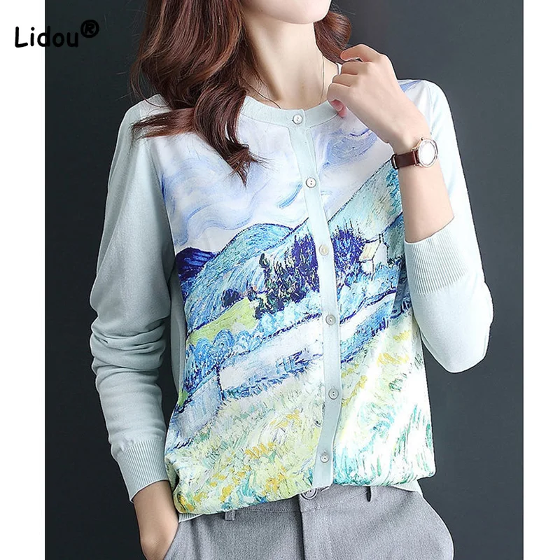 Spring and Autumn Splicing Button Loose Fitting Chinese Style Top Crew Neck Landscape Printing Knitted Cardigan Women\'s Sweater