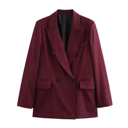 INS Fashion Wine Red Color Big Turn Down Collar Double Breasted Long Sleeves Women Loose Solid Mid Long Suit Coat ZATAF 2024 New