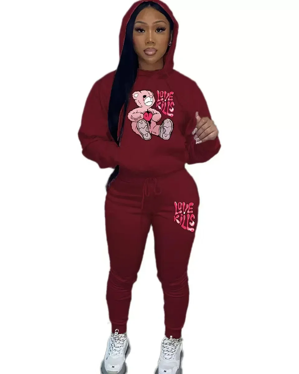 Autumn and winter women's fashionable and comfortable fall shoulder sleeve long sleeved round neck hooded sweatshirt set 4