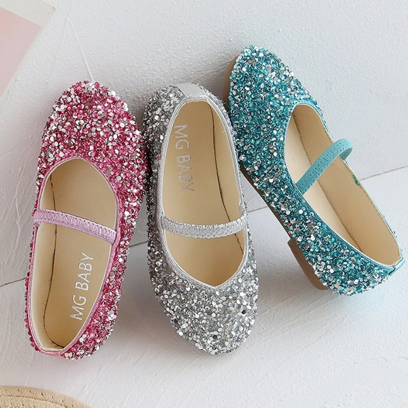 Child Sequined Princess Leather Shoe2026spring New Korean Version Girl Flat Sole Singleshoe Fashiona Girl Anti Slip  Leathershoe