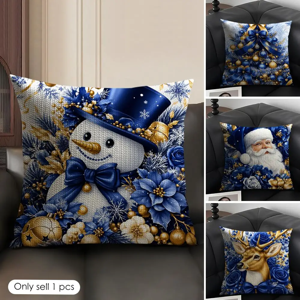 Blue Gold Xmas Art Cushion Cover Natural Linen Organic Fabric Double-Sided Printing Breathable Perfect Gift For Decor