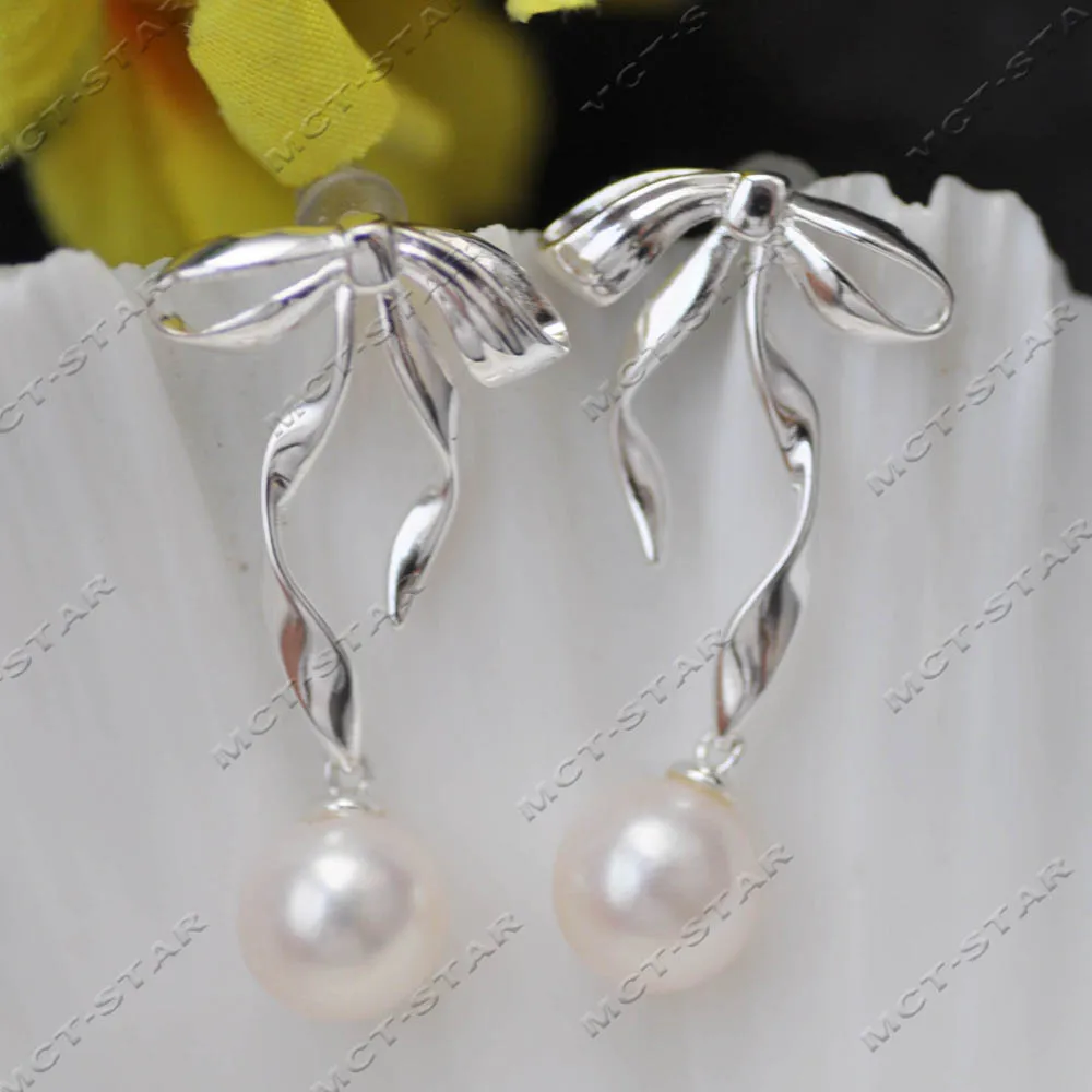 

MTC·STAR Ribbons Style A 10mm White Round Freshwater Pearl Dangle Earring (Z14550)