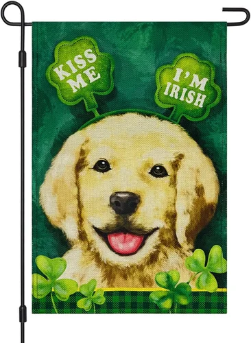 St Patricks Day Kiss Me I'M Irish Dog Burlap Garden Flag Double Sided 12×18 Inch OOV IIC