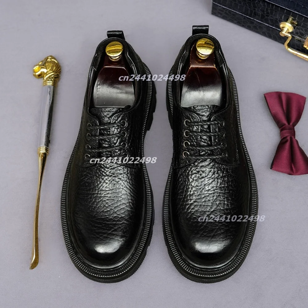 Chunky Lug Thick Platform Rubber Sole Men Lace up Derby Shoes Grain Upper Round Toe Casual Business Dress Footwear Daily Walking
