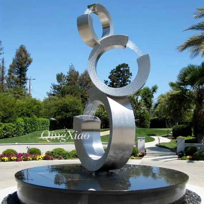Three Layer C-Shaped Ring Stainless Steel Water Fountain Sculpture Custom Modern Decor Outdoor Garden Commercial Plaza Landscape