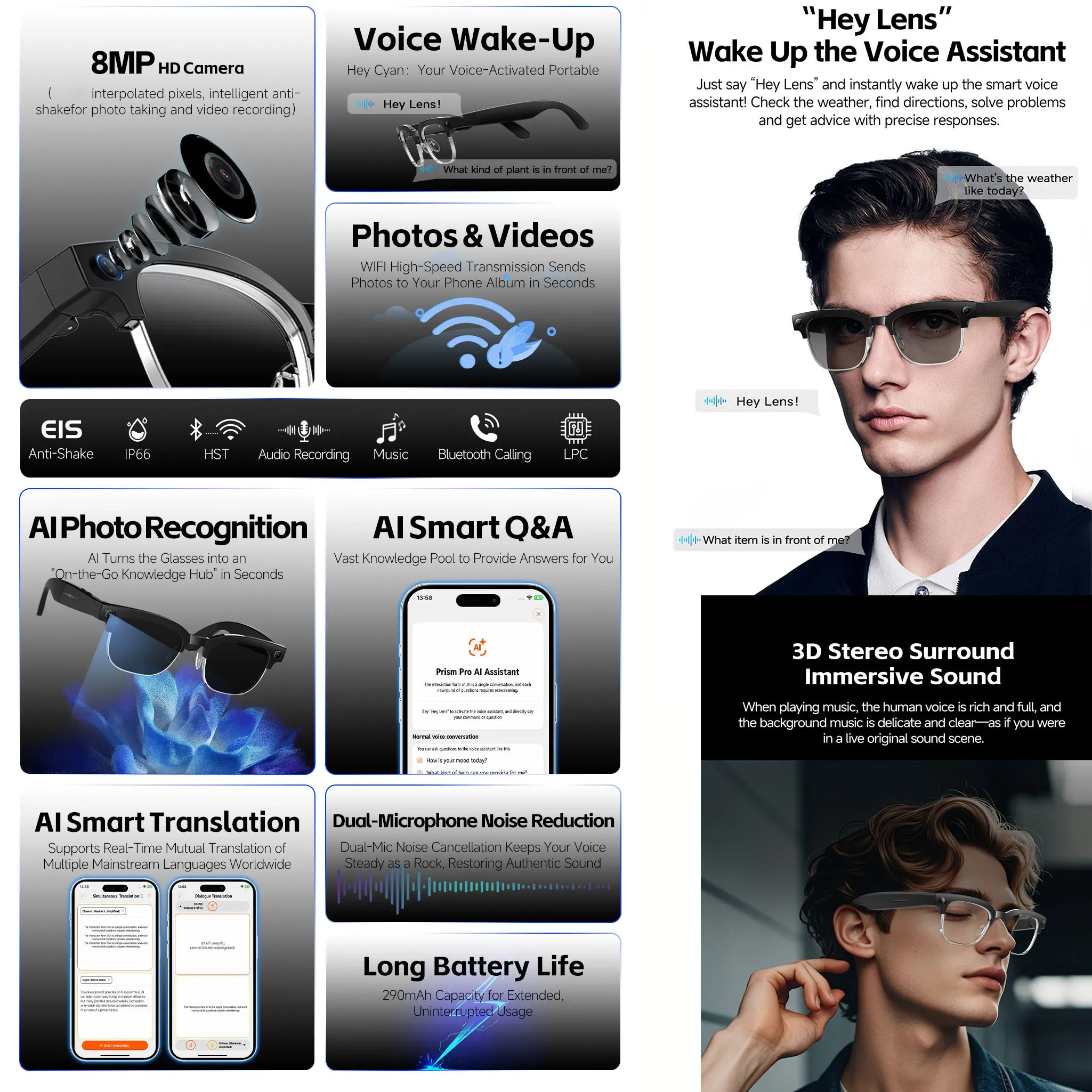 AI Smart Glasses with Voice Wake Hey Lens Object Recognition Touch Control Hands-Free Audio for Business Daily Use Half Frame Bl
