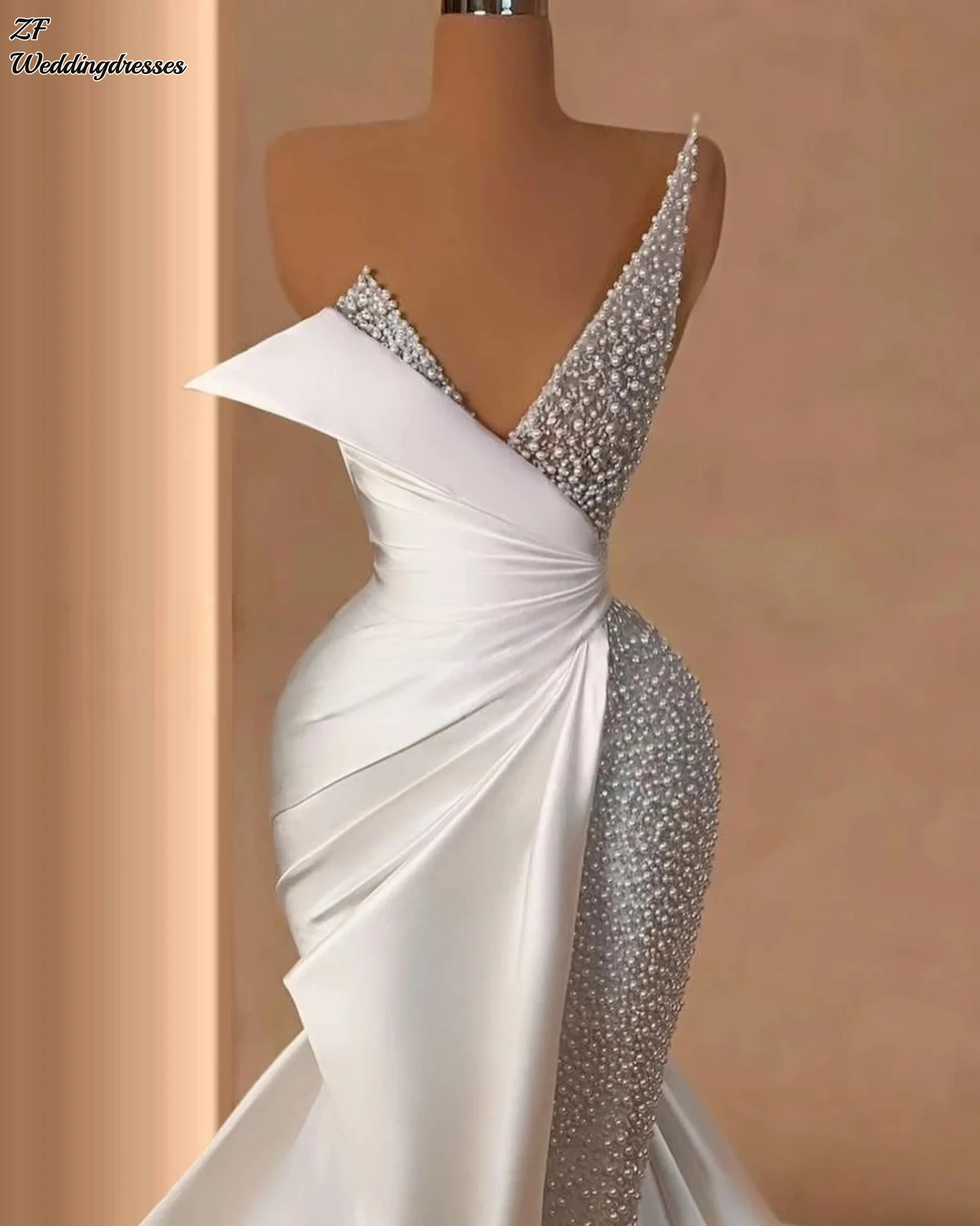 فساتين زفاف حورية البحر أنيقة مخصصة بدون حمالات لؤلؤة ترتر فساتين زفاف بدون أكمام فساتين فيستدو دي نوفيا