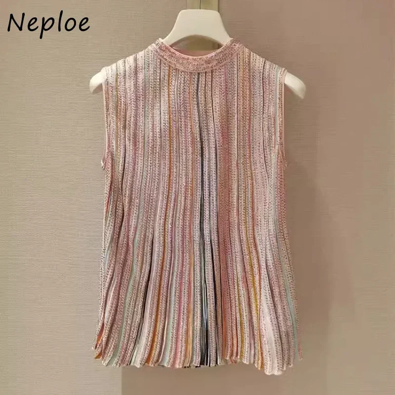 Neploe Harajuku Sweet O-neck Pink T-shirts Summer E-Girl Sleeveless Striped Tee Shirt Gothic Streetwear Slim Fit Tops Women