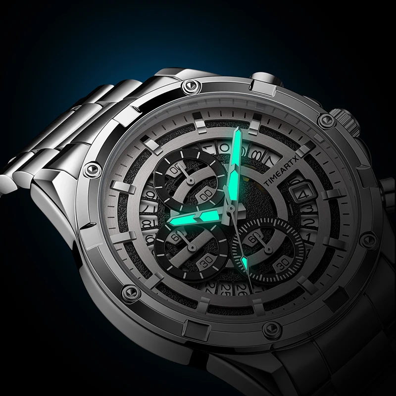 Timeartx 5430 جودة الأزياء الفولاذ المقاوم للصدأ للماء كوارتز ساعة المعصم رجل الصلب الفرقة مقياس رقمي ثلاثة العين ووتش #6