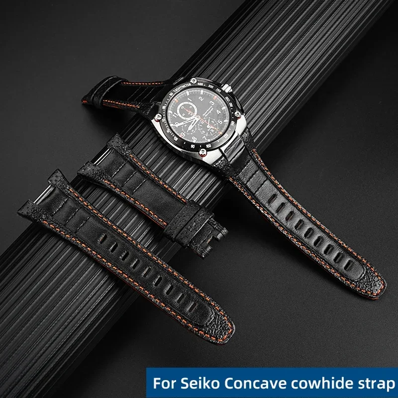 14mm Concave end Strap For Seiko Sportura series SNAD23J2 SNAE07 SPC047 Cowhide genuine leather watch band High quality Bracelet