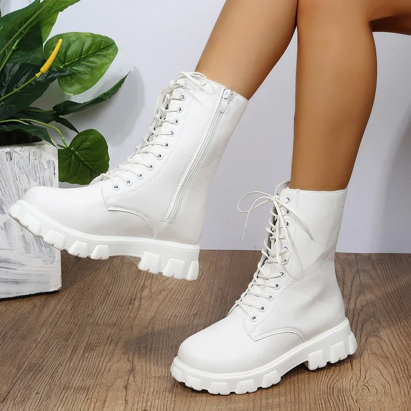 2024 Boots Women Autumn Winter PU Leather White Ankle Boots Motorcycle Botines Female Chunky Heels Platform Boots Botas Mujer