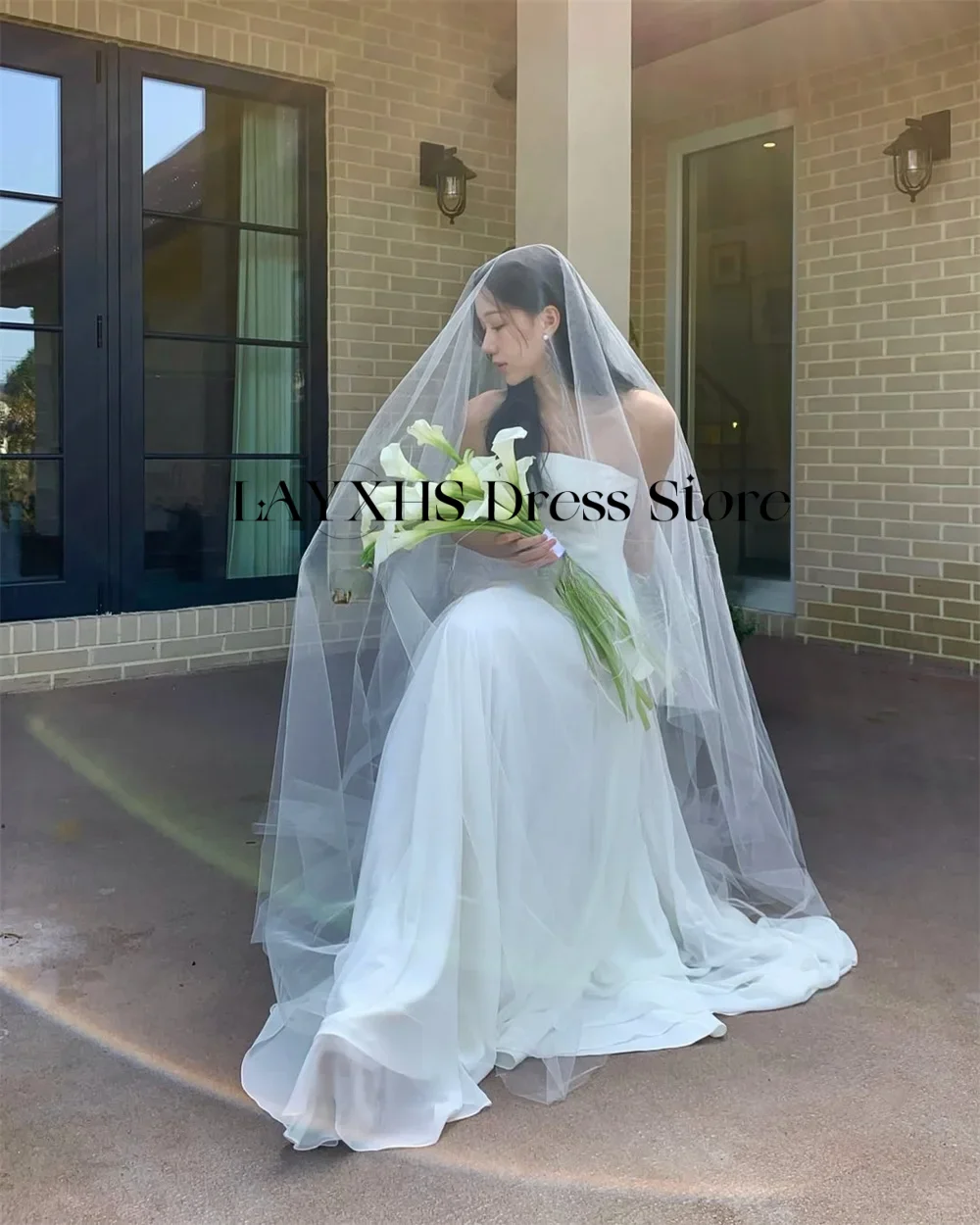 فساتين زفاف بسيطة بدون حمالات كوريا مطوي من الساتان الناعم لالتقاط الصور بطول الأرض فساتين زفاف مخصصة للحفلات المسائية #2