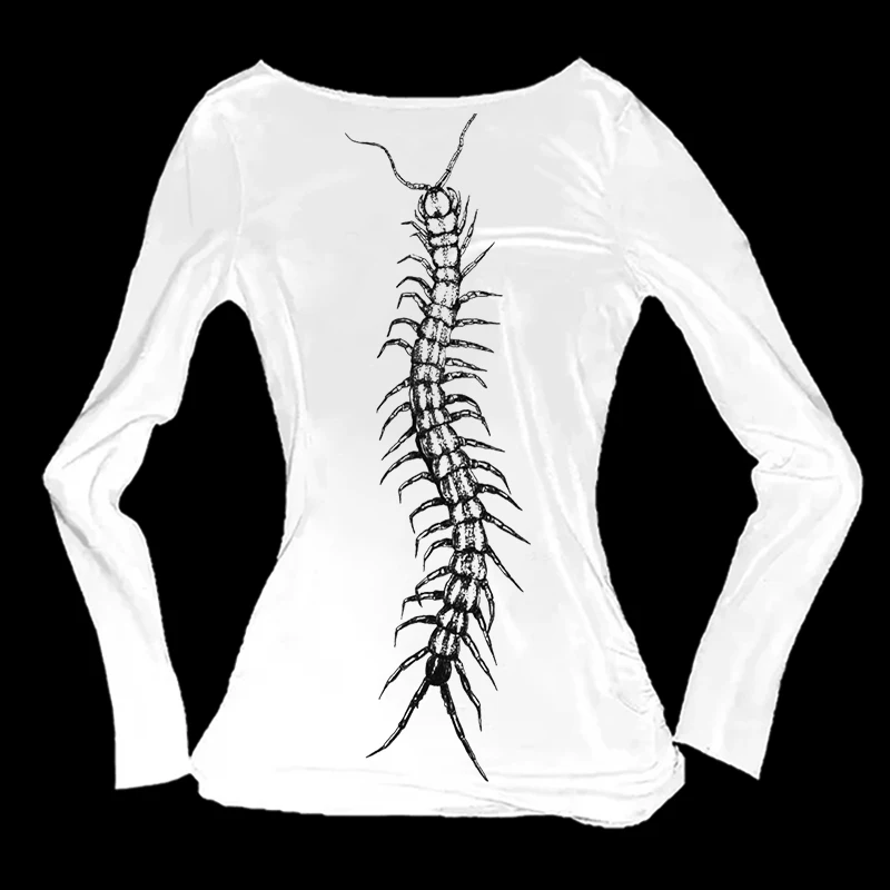 ヨーロッパとアメリカのスタイルのイースター新作、背中にムカデ柄が入った長袖Tシャツトップス、90年代レトロ原宿Y2K