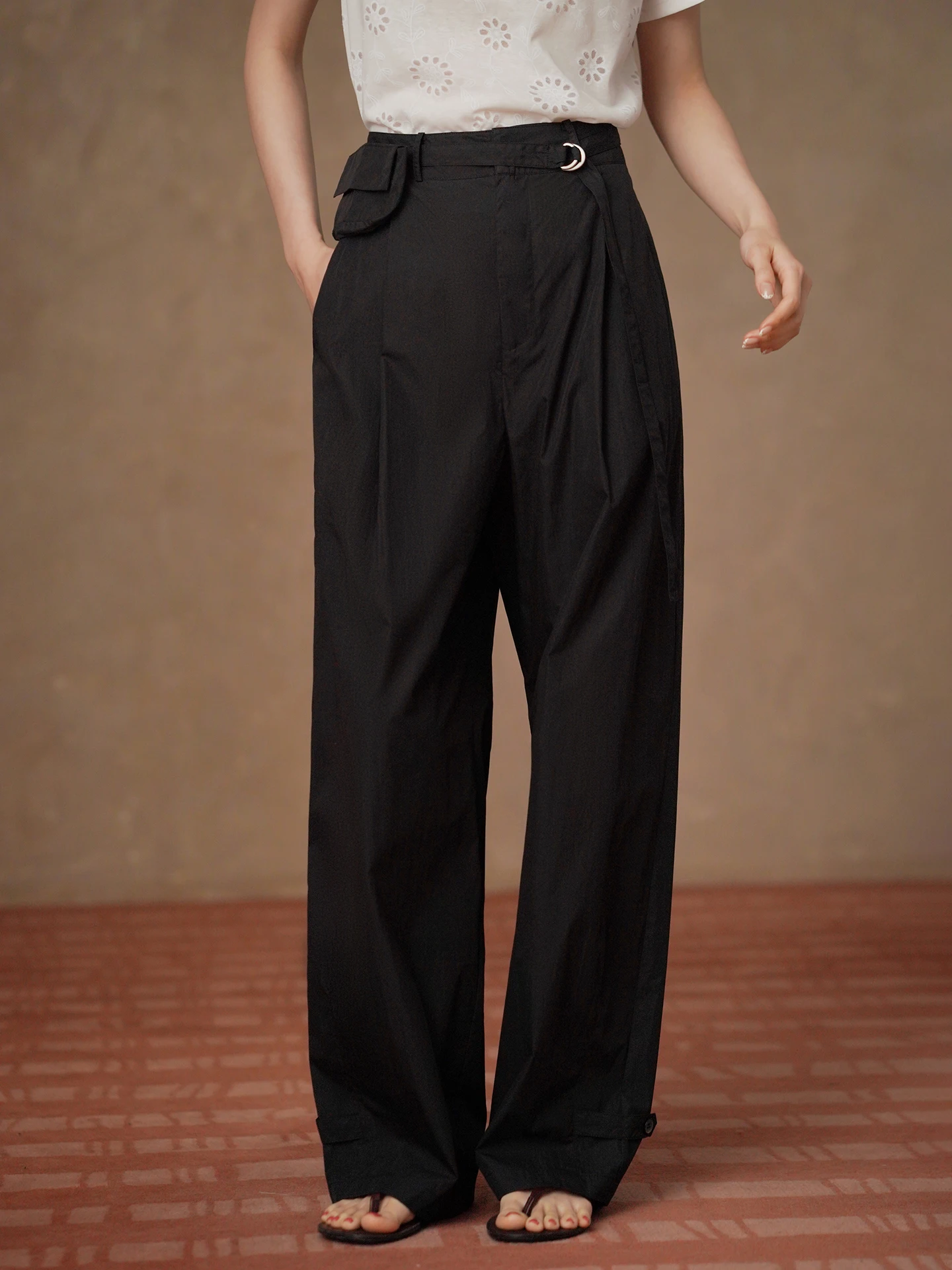 High Waist Wide Leg Outdoor Casual Pants Women's Smooth Cotton Nylon Blend Commute Style Trousers with Pockets
