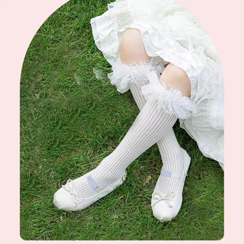 

U13F Stretchable Over Knee Dress Socks for Girls Vintage Lace Design Hosiery Socks Comfortable Daily Wear & Parties