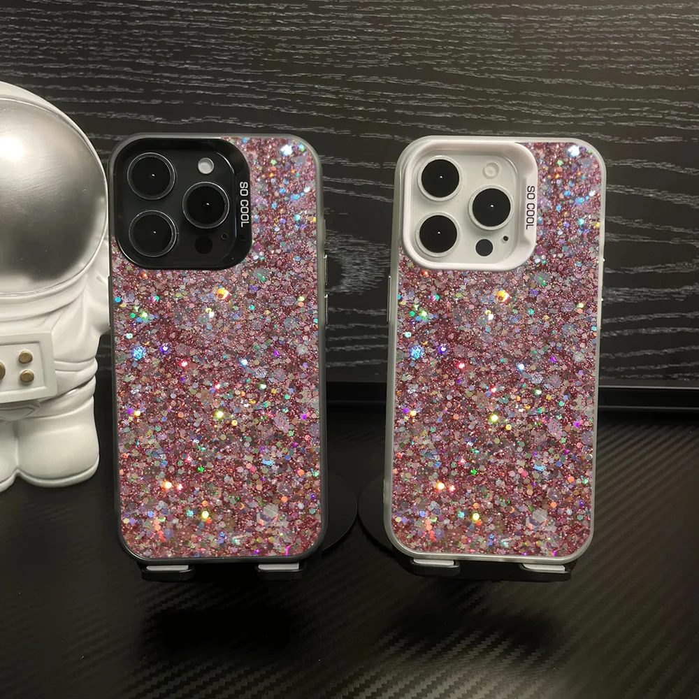 Pink Glitter Cool Phone Case IMD Color Silver Shell For IPhone 16 15 14 13 12 Pro Max Plus