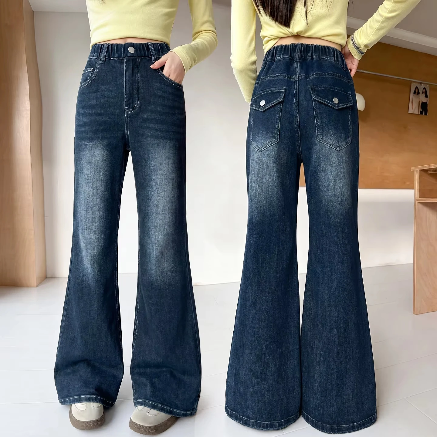 Girl's Autumn Flared Jeans with Bag Cover Design Korean Style Children's Fashion Boot Cut Denim Pants Kids Bell Bottoms Trousers