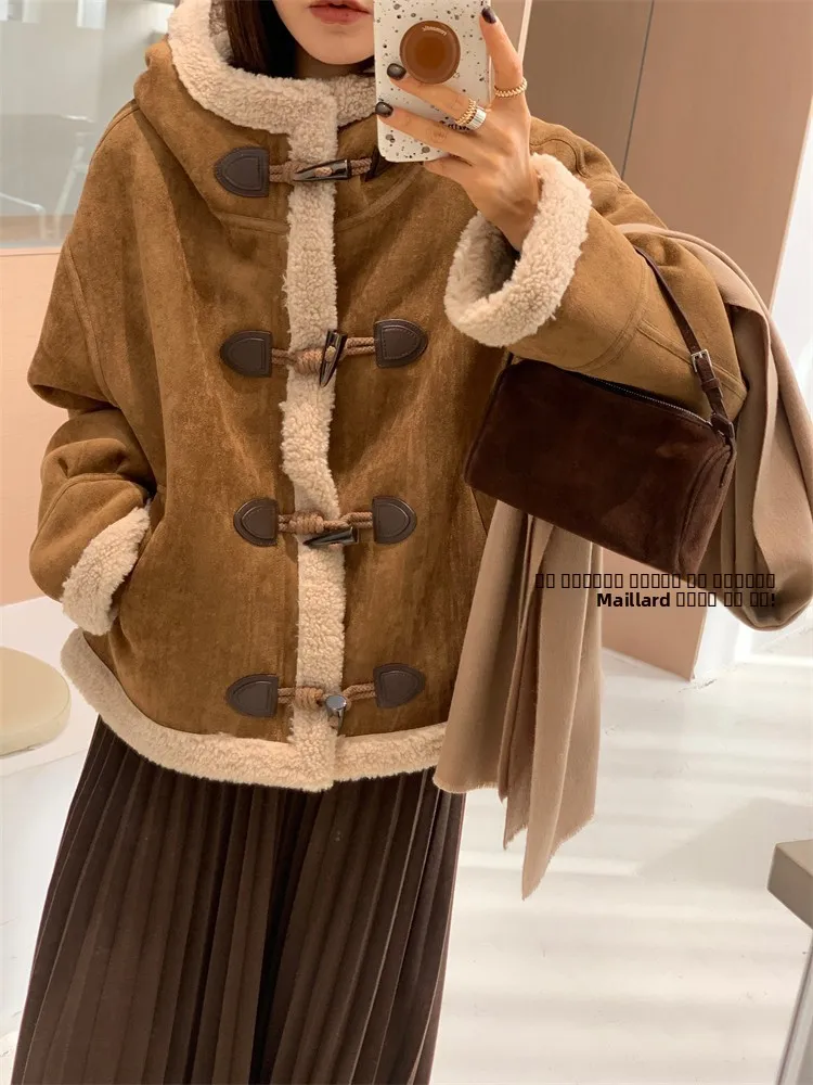 

Женское утепленное кожаное пальто Feita с капюшоном и воротником из овчины, винтажное, на пуговицах, с длинными рукавами, для повседневной носки