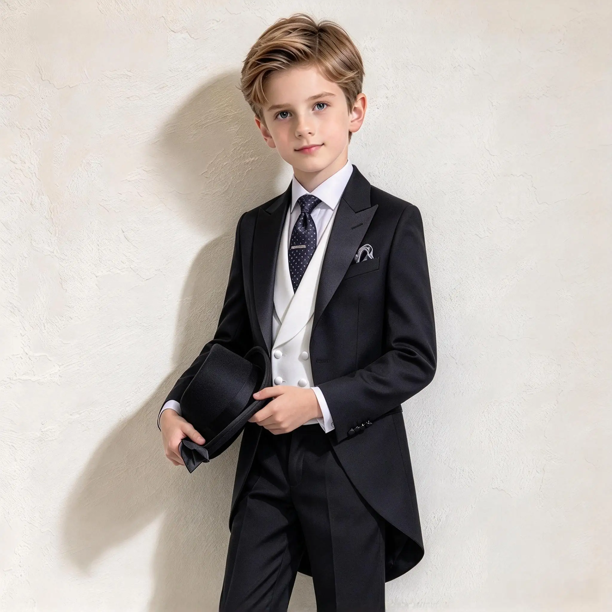 Black Tailcoat Boy's Suit Formal Set 3-Pieces (Jacket+vest+pants) Peaked Lapel Kids Tuxedos 2-16 Year Dinner Wedding Prom Party
