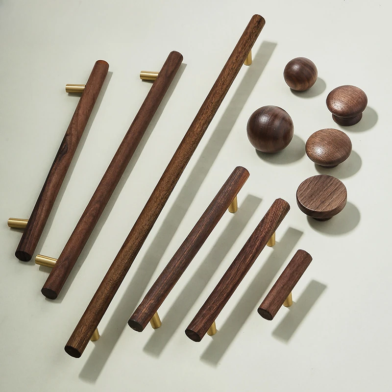 Japanese Style Walnut Wood Brass Solid Wood Furniture Wardrobes Door Knobs Cabinet Knobs and Handles for Kitchen Bathroom