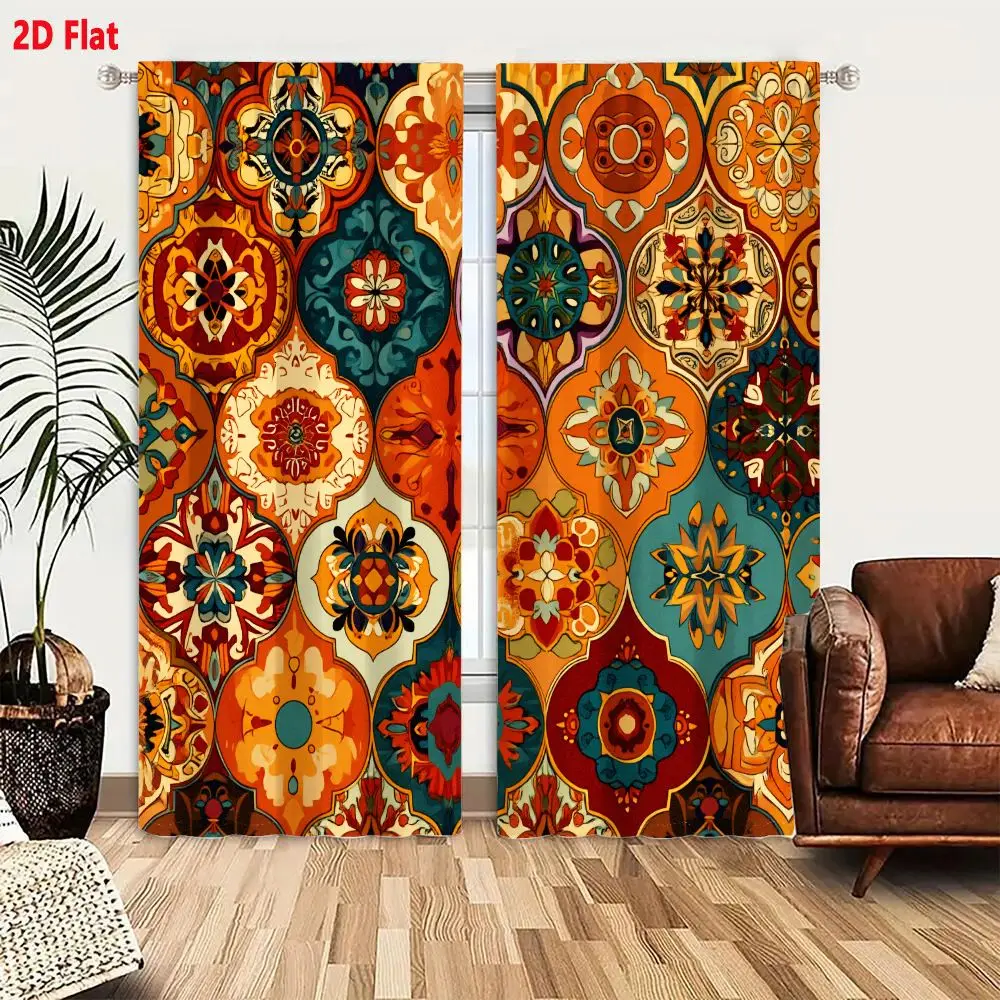 2Pcs Curtains 2D Flat Vibrant Terracotta And Teal Islamic Geometric Floral Seamless Pattern For Textiles Wallpaper Window Drapes