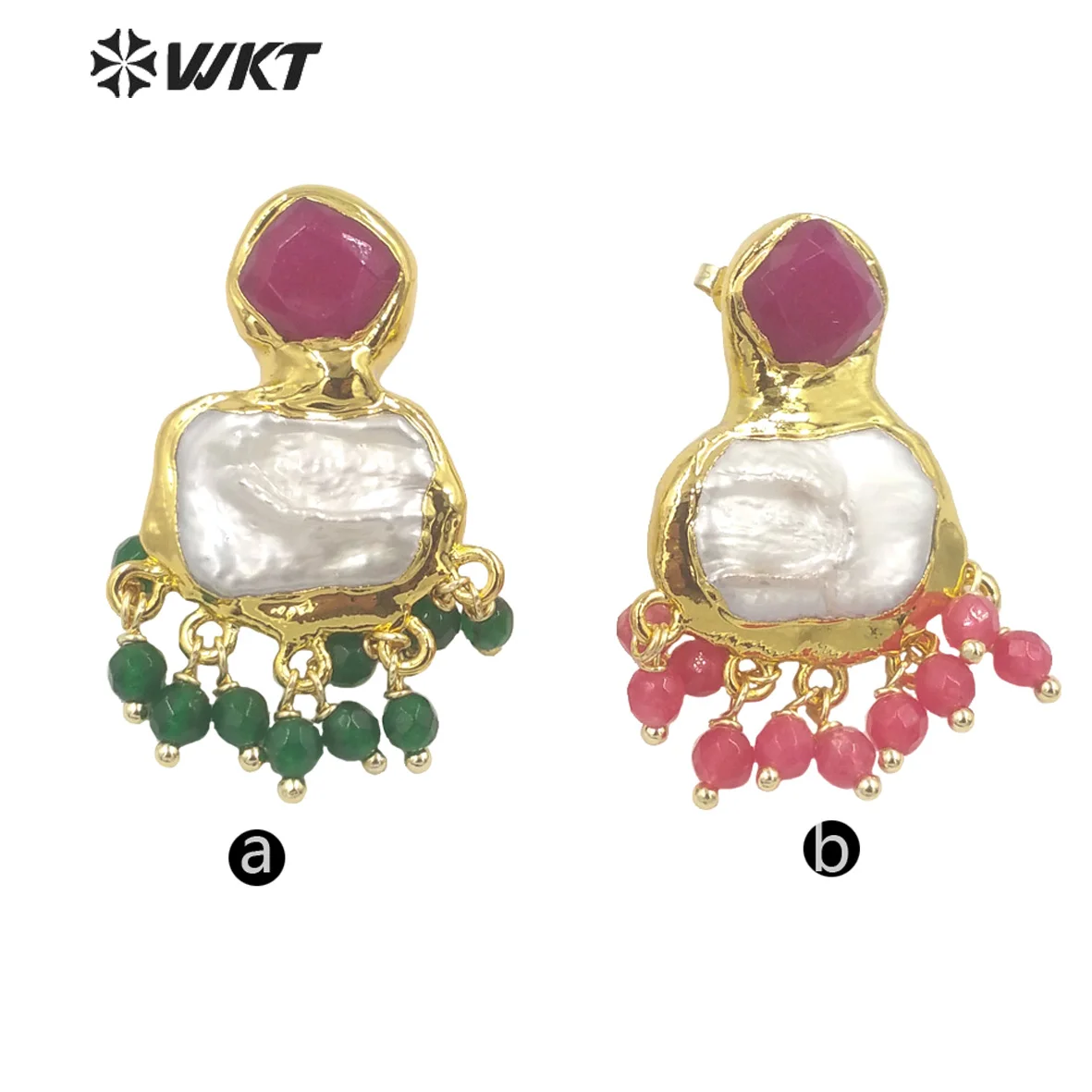 Imagem -02 - Brincos Coloridos de Jade e Pérolas para Mulheres Banhado a Ouro 18k Minúsculos Grânulos Clássicos Bonitos Festa de Aniversário Decorativos Wt-mpe118