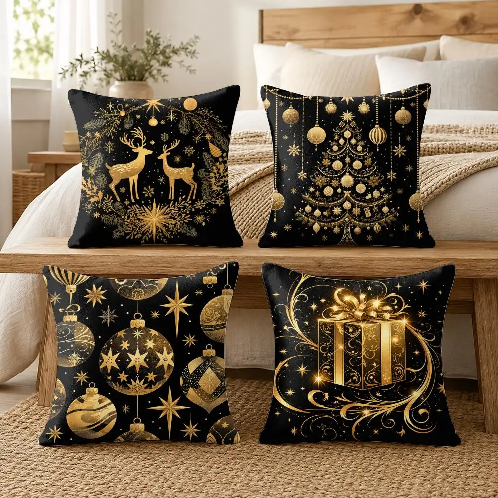 Golden Xmas Ornament Cushion Cover Silky Short Plush Invisible Zipper Dustproof Sofa Pillow Case For Home Decor