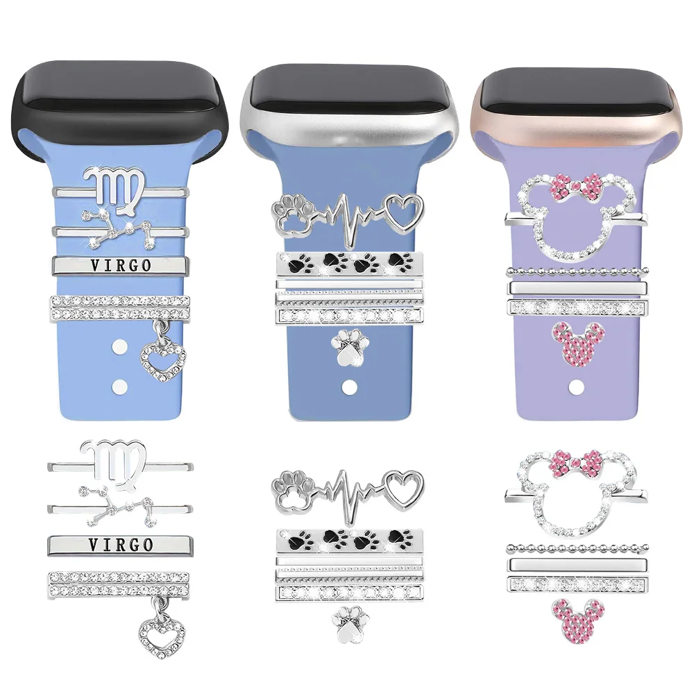 15-Pcs Super Bling Watch Charms with 13-Pcs Decorative Rings Loops 2-Pcs Decoration, Compatible with Apple Watch Band Metal