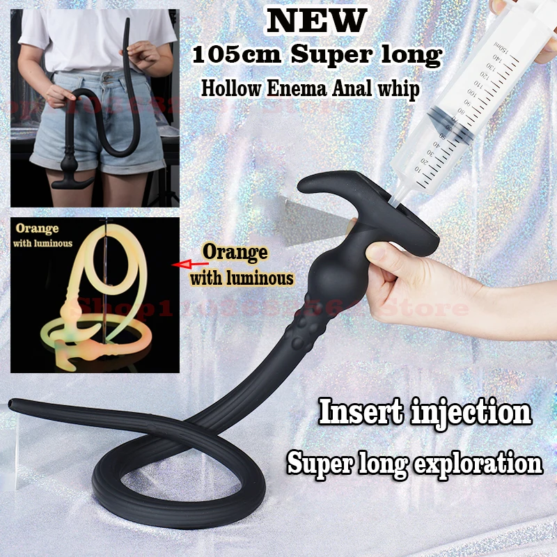 105cm Super Long Anal whip Enema Dildo Hollow Anus Vaginal Cleaning Enema ButtPlug Deeper Stimulation Silicone Adult Anal Dildo