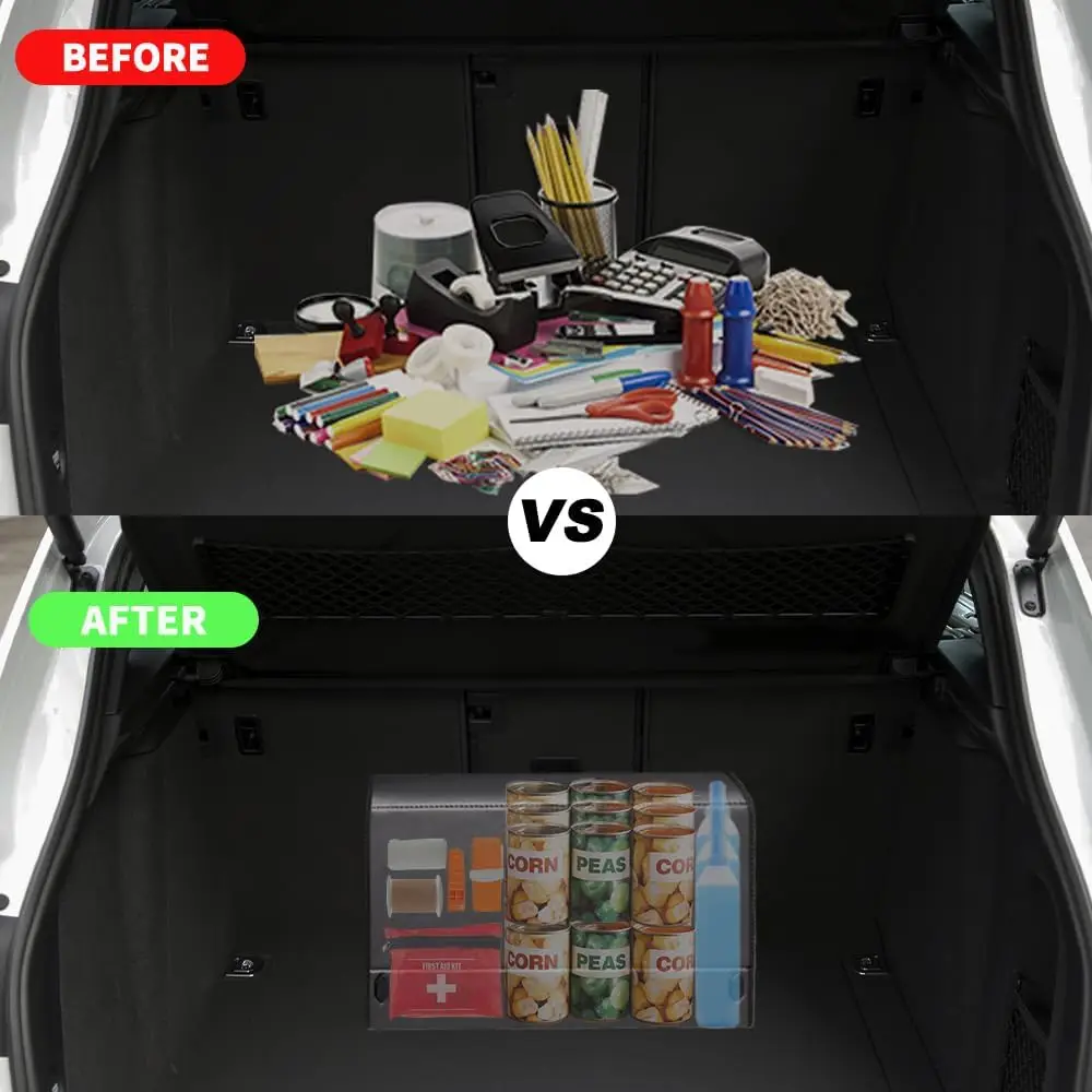 Car Trunk and Back Seat Storage, Leather Material, Plain Black Color, With Lid Storage Solution