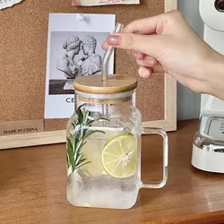 Coffee Mug Square Glass Mug Cup with Bamboo Lid and Bent Glass Straw Clear Electroplated Amber Rainbow Large Capacity Mug 620ml