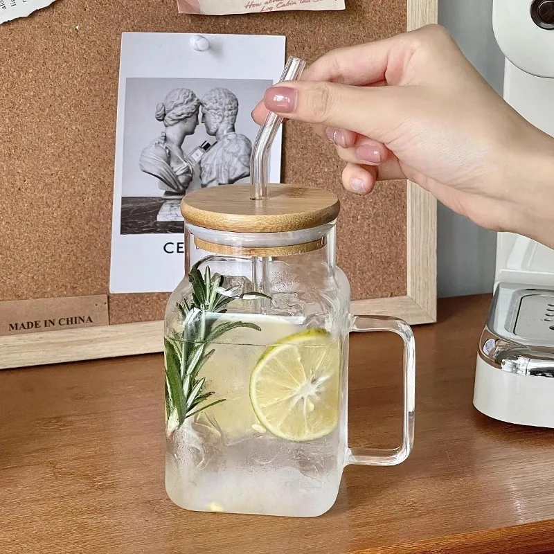 Coffee Mug Square Glass Mug Cup with Bamboo Lid and Bent Glass Straw Clear Electroplated Amber Rainbow Large Capacity Mug 620ml