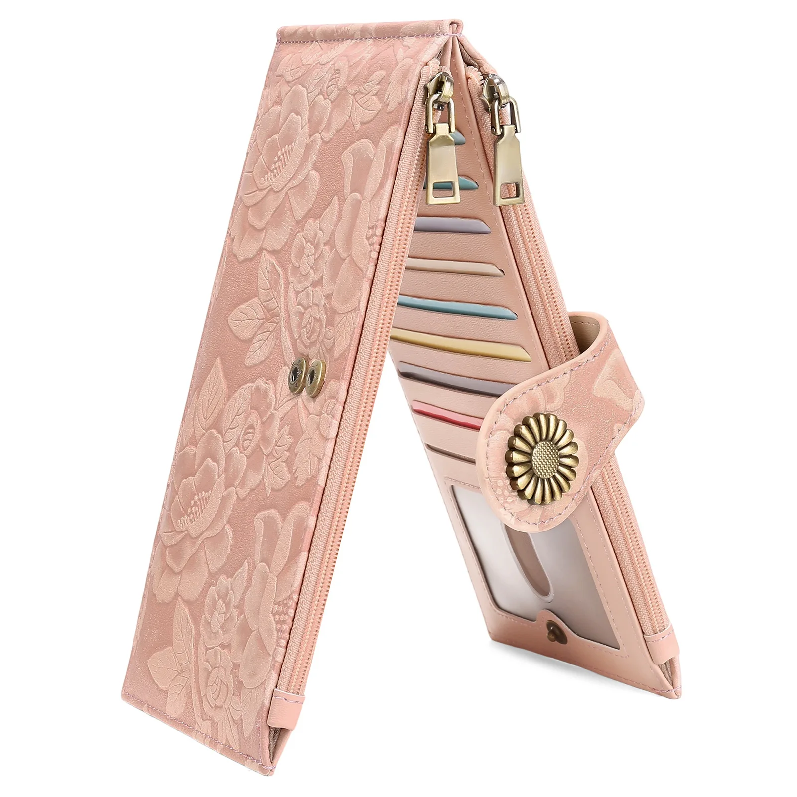 Women Long Wallet Light Pink PU Leather Embossed Floral Vintage Clutch Double Zipper Multi Card Slots ID Window Coin Purse
