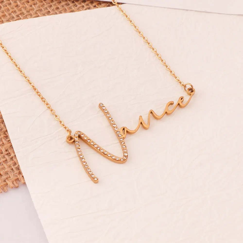 Custom Name Necklace for Women Stainless Steel O Chain Initial With Rhinestone Personalized Script Name Pendant Christmas Gift