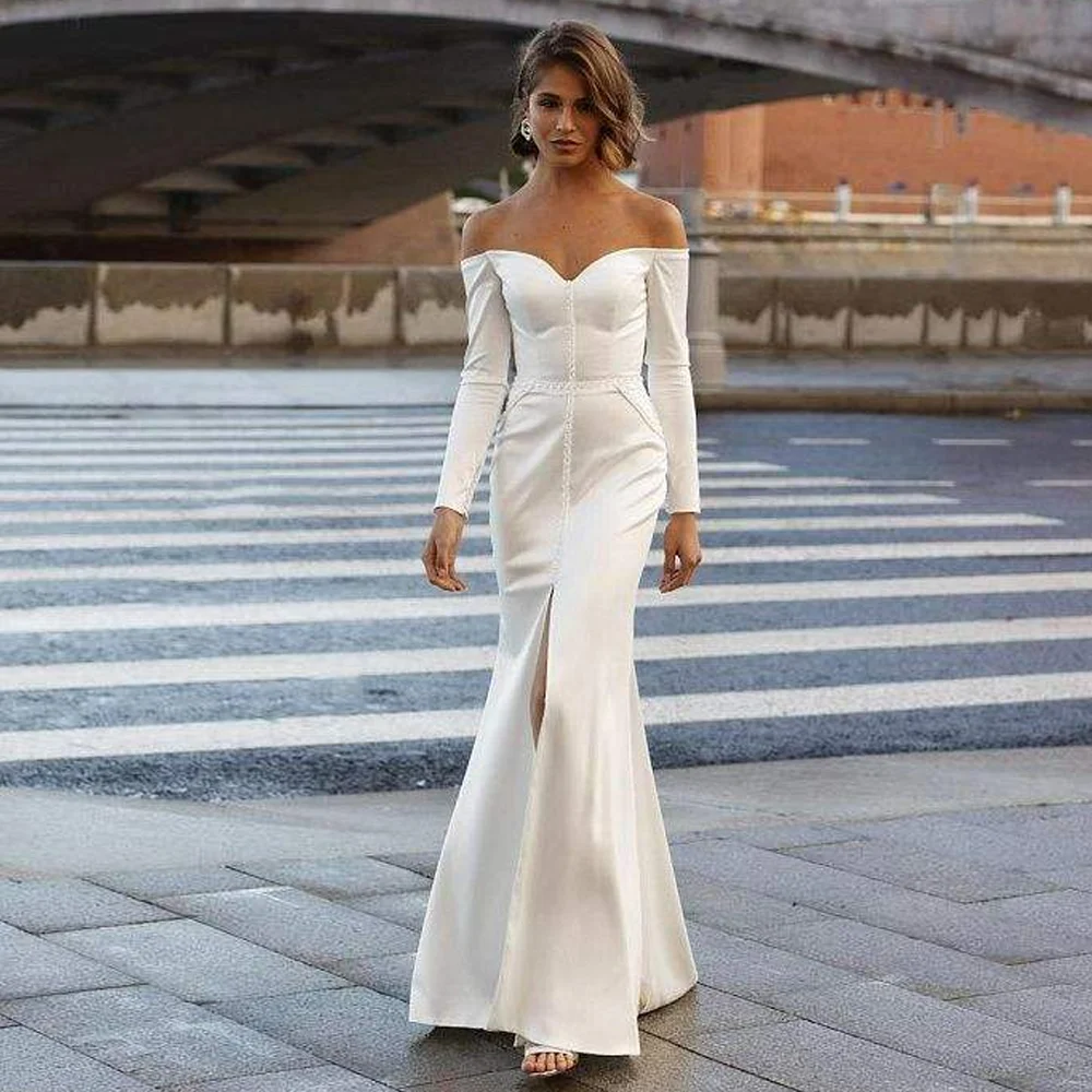 Простое свадебное платье для свадьбы с открытыми плечами и длинными рукавами, свадебное платье с разрезом спереди и скользящим шлейфом, летнее платье русалки