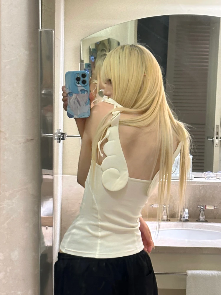 Rase Le Sol Angel Wings Strap Spaghetti Hot Girls Backless Tops Cute Sweet Women Sexy Small Slip Top White Streewear