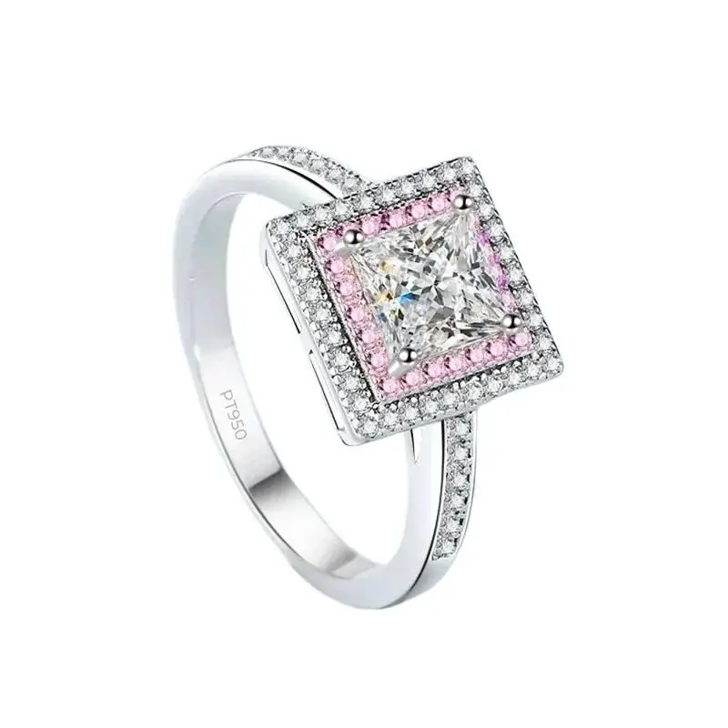 New Style Square PT950 Platinum Girl Sweet Rings VVS1 D Color Moissanite 1Carat Diamond Luxury Temperament Women Wedding Ring
