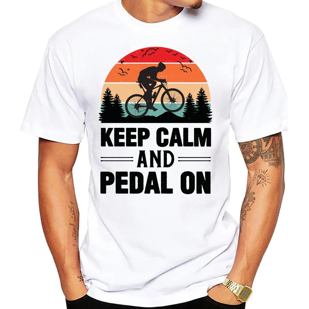 Keep Calm And Pedal On Bike E-Bike Cycling Road Fixed Gear Bicycle Cyclist T-Shirt Men Short Sleeve Hip Hop Sport Casual Tees