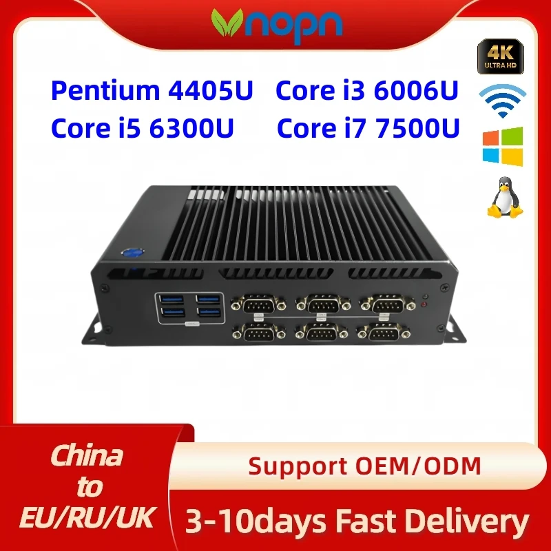 Vnopn Fanless Industrial Mini PC Intel Core i5 6300U 2*GbE LAN 6 COM RS232 HDMI VGA 6x USB Support WiFi 4G LTE