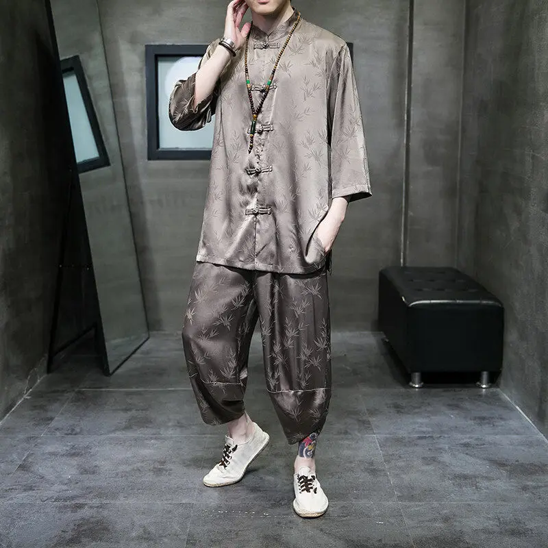 

Casual Ice Silk Tang Suit Men's Short Sleeve Shirts and Pants New Men's Chinese Style Short sleeved Pants Set Quick Drying 5XL