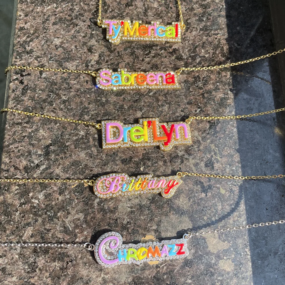 Lulu\'s Custom Colorful Enamel Name Necklace Women Stainless Steel PVD Double Rhinestone Name Necklace Rhinestone Jewelry