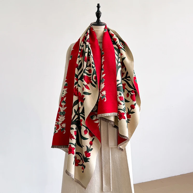 Elegant Women's Floral Jacquard Pashmina Shawl - Winter Thick Warm Double-Sided Tassel Design Coldproof Windproof Blanket Scarf
