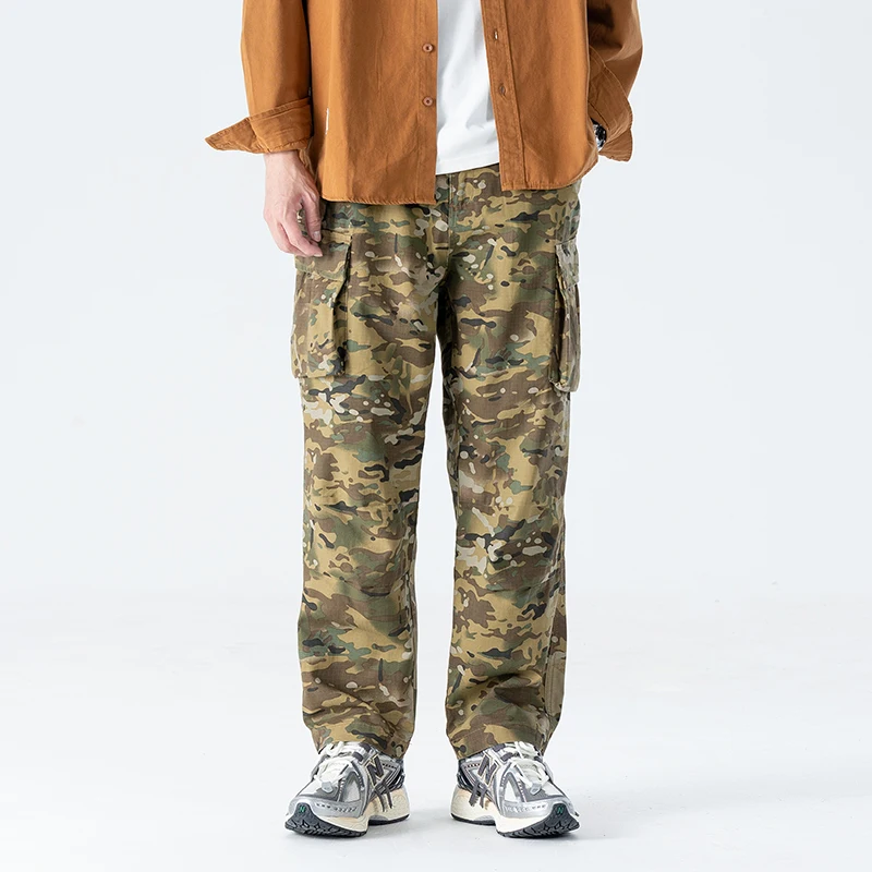 KSTUN Men's American Retro Camo Cargo Pants Elastic Waist Multi Pocket Loose Straight Tactical Casual Work Wear Trousers