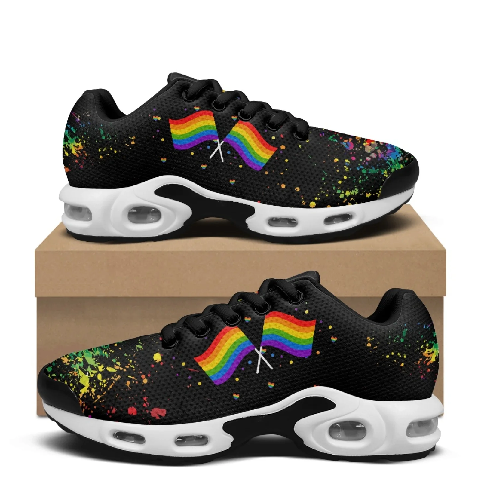 PENSTROLL Rainbow Flag Print Fashion Sneakers Mesh Lace-up Sneakers Air Cushion Fitness Shoes for Walking