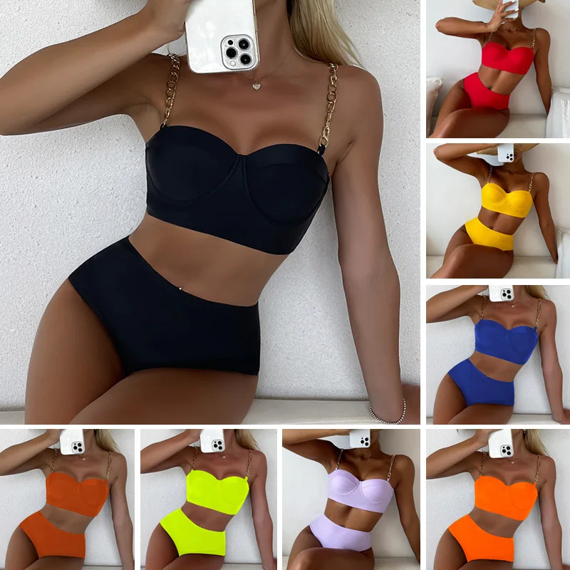 

New Solid Color Bikini Swimsuit Sexy Two-Piece High Waist Tummy CoveringbikiniWomen's Swimsuit Wholesale
