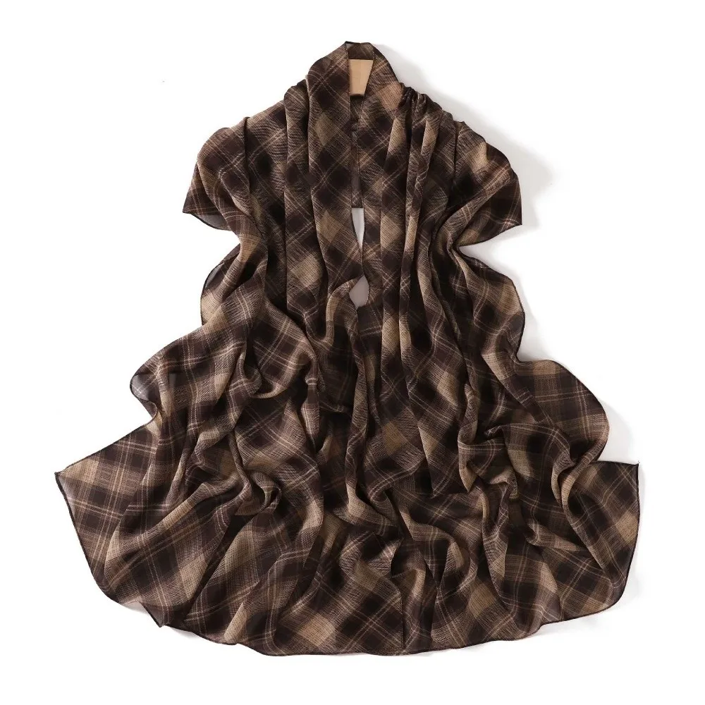 Classic Long British Plaid Print Scarf Ultralight Chiffon Shawl Wraps Breathable Soft Women's Hijabs