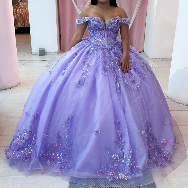 

Customized Lavender Sparkly Quinceanera Dresses Off Shoulder Appliques Lace Beads Bow Tull Ball Gown Sweet 16 Dress Party Birthd