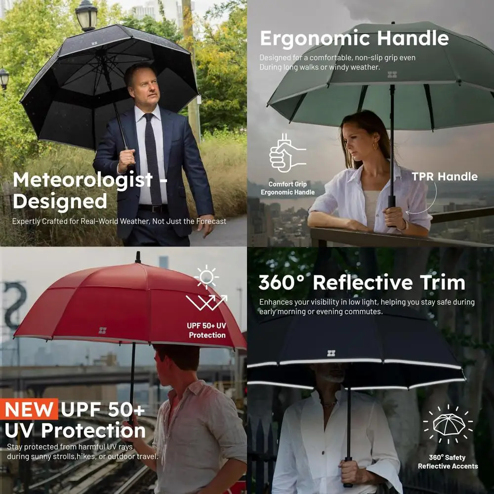 

Red Wind-Resistant Folding Umbrella, Withstands 55 MPH Gales