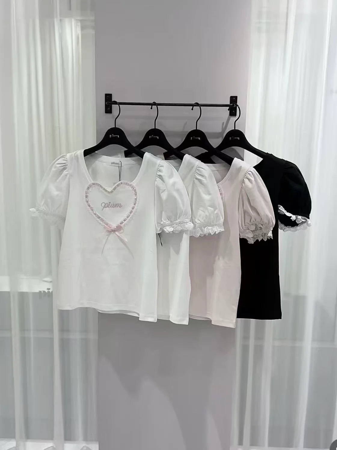 Japanese New Sweet and Ladies' Versatile Top Handmade Ribbon Love Lace Bubble Sleeve Comfortable Knitted Short Sleeve T-Shirts