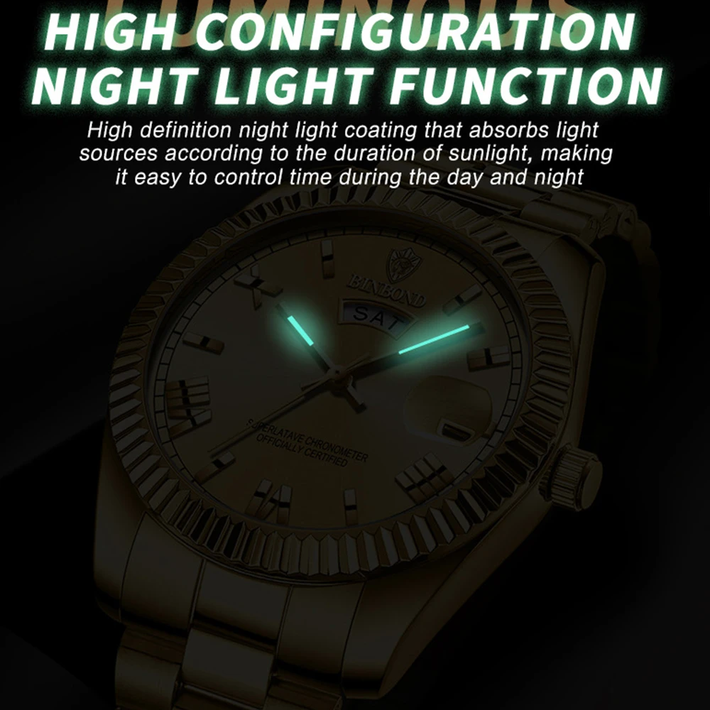 BINBOND Men\'s Watches Classic Fashion Design Original Quartz Watch for Man Waterproof Luminous Date Week Steel Wirstwatch Trend